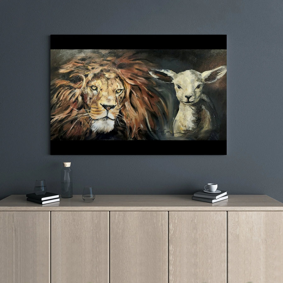 Lion and Lamb Wall Art | Christian Religious Painting on Canvas | Gallery Wrapped 1.25” Frame | Spiritual Home Decor Gift