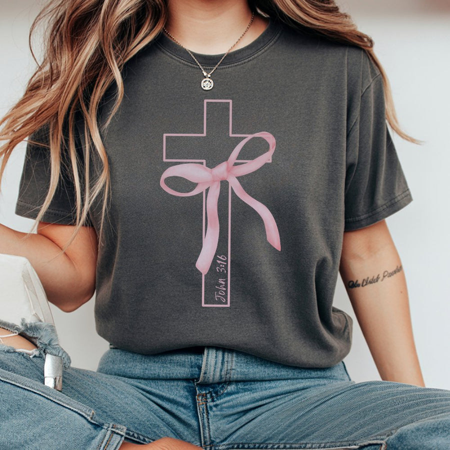 Coquette Christian T-Shirt | Pink Bow Cross Graphic Bible Verse | 100% Cotton Premium Tee | Faith Based Gift For Her