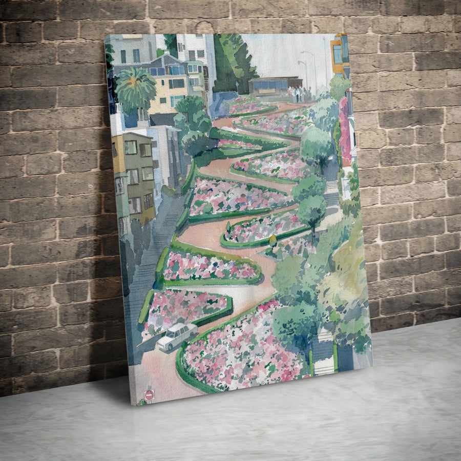 Lombard Street Canvas Print | San Francisco Watercolor Painting Art | Premium Thick Gallery Wrap | California Home Decor & Traveler Gift