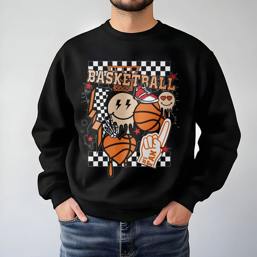 Basketball Sweatshirt | Retro Checkerboard Hoop Graphic | Premium Cotton Blend | Gift For Basketball Mom and Fan
