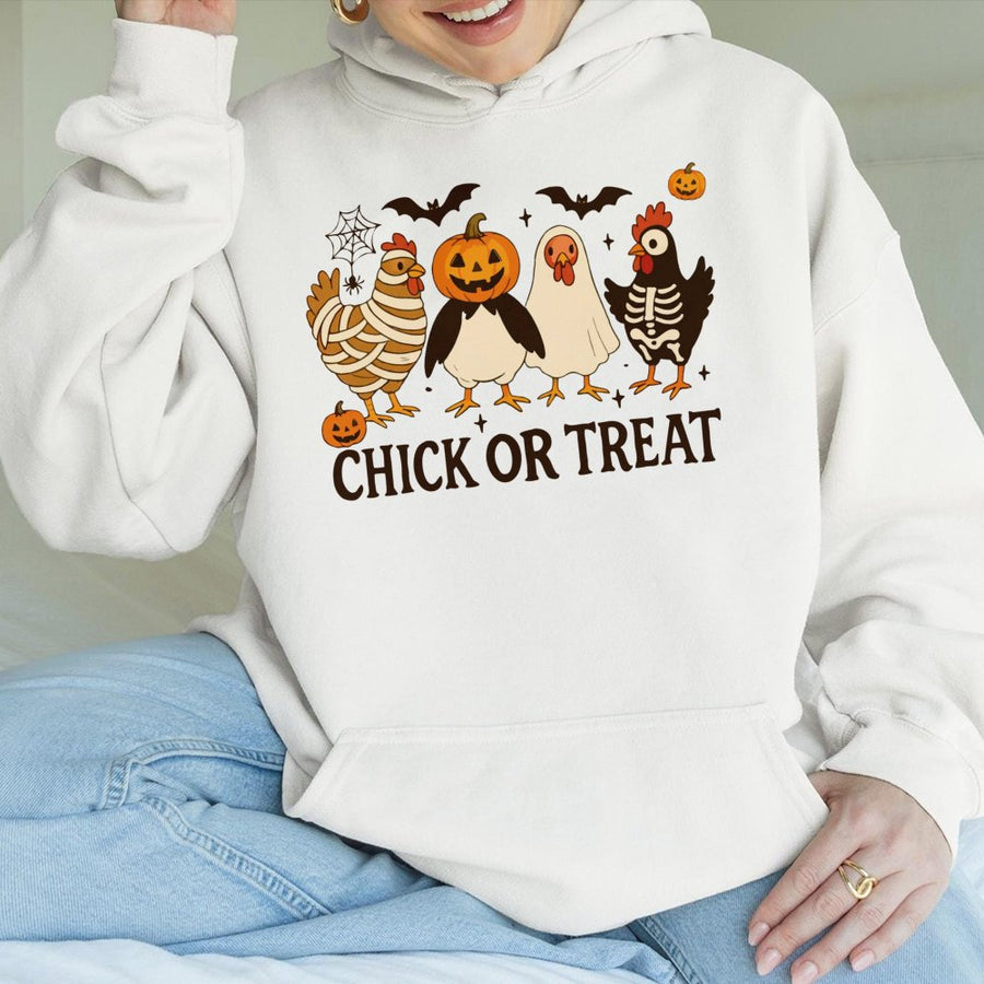 Chick Or Treat Halloween Hoodie | Funny Chicken Pumpkin Ghost Costume Graphic | Soft Cotton-Blend Premium Pullover | Spooky Farm Animal Gift For Women