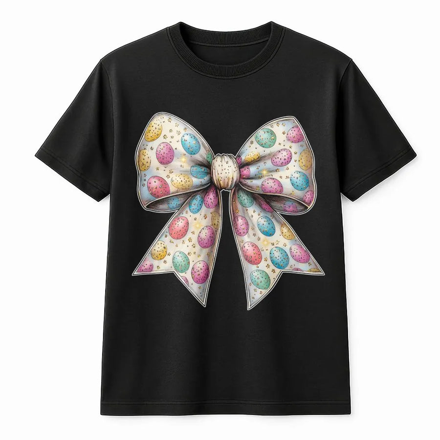 Easter Egg Bow T-Shirt | Coquette Aesthetic Easter Ribbon Graphic | Premium Cotton Unisex Tee | Cute Spring Holiday Gift for Women and Teens