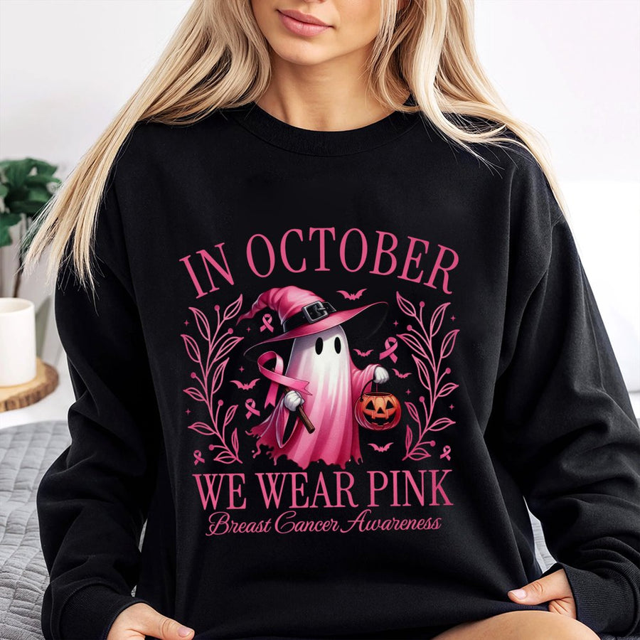 Breast Cancer Awareness Ghost Sweatshirt | In October We Wear Pink Halloween Design | Cotton Blend Premium Crewneck | Supportive Gift For Her