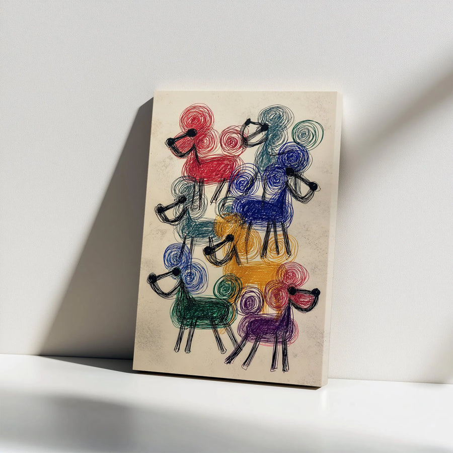 Colorful Poodle Scribble Art Vertical Canvas | Abstract Doodle Dog Pack Print | Premium Gallery Wrapped Canvas | Unique Gift for Dog Lover & Modern Home Decor