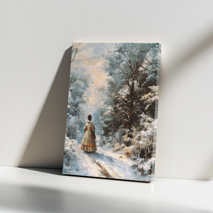 Winter Forest Canvas Print | Victorian Woman Painting Wall Art | Gallery Wrapped Premium Canvas | Serene Landscape Decor for Home