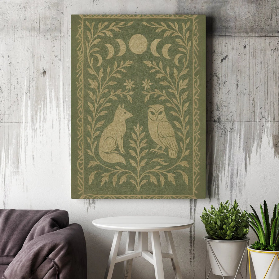 Fox and Owl Wall Art | Moon Phases Folk Art Illustration | Premium Gallery Wrapped Canvas | Forestcore Home Decor Gift