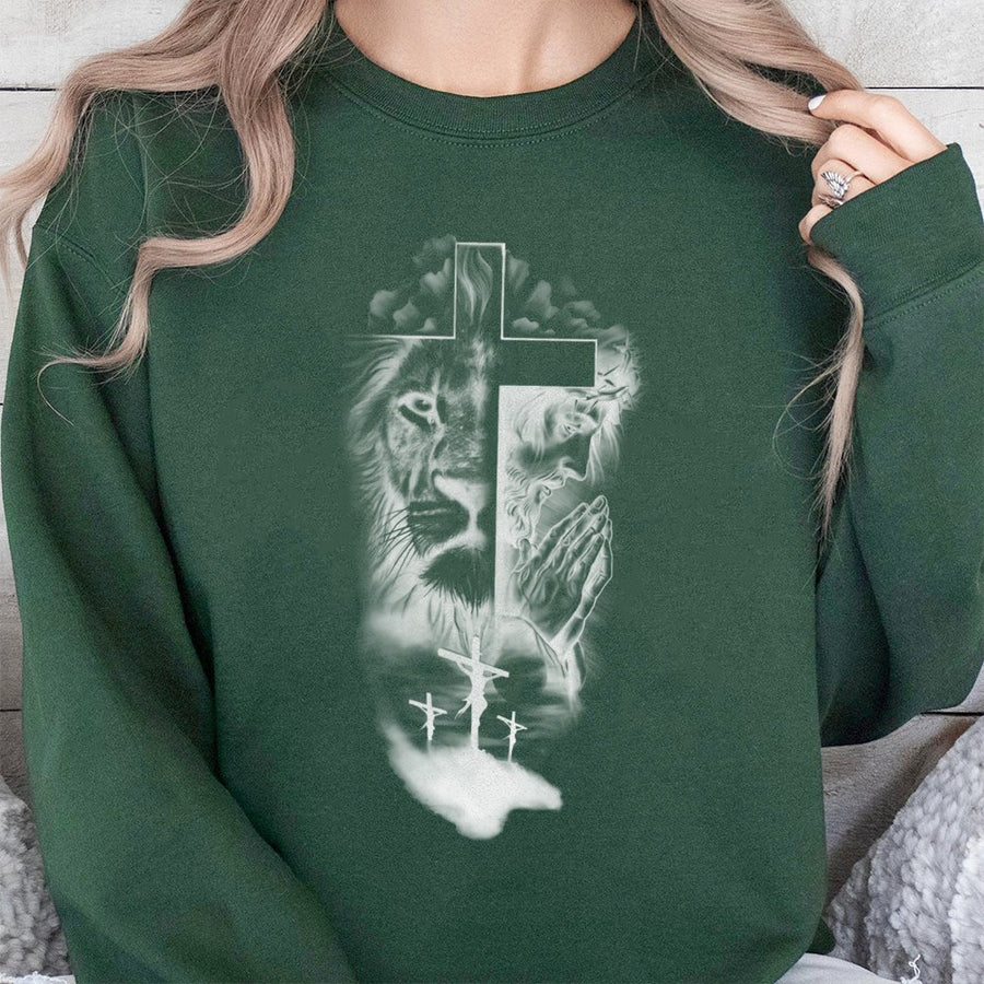 Lion and Jesus Cross Sweatshirt | Religious Faith Graphic Print | Premium Cotton Blend | Christian Gift for Men and Women