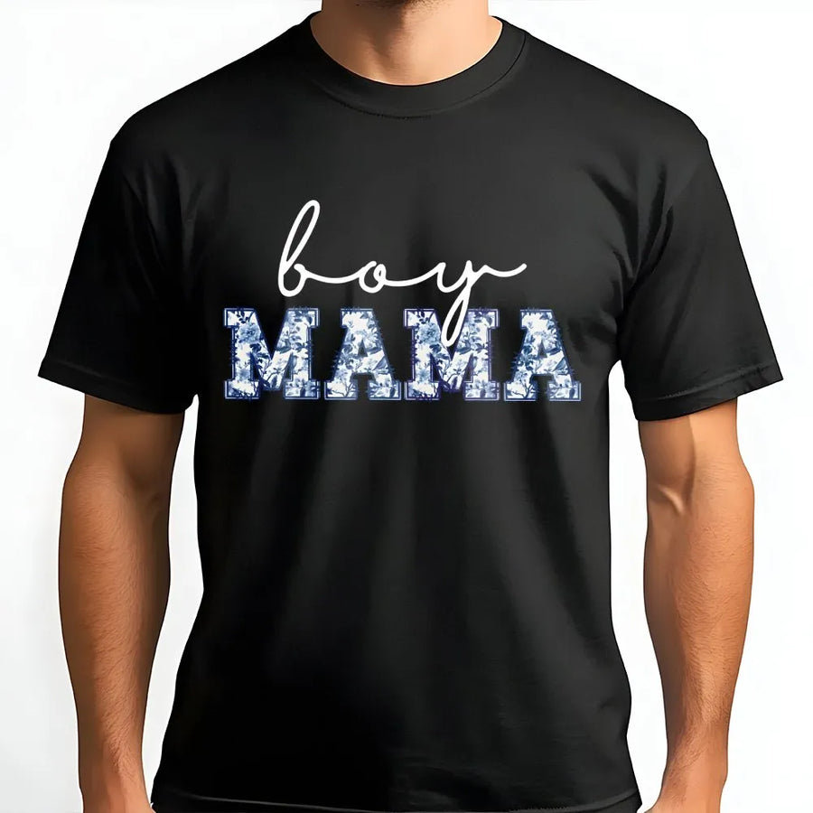 Boy Mama T-Shirt | Blue Toile Floral Design | Premium Soft Cotton | New Mom Pregnancy Announcement Gift for Her