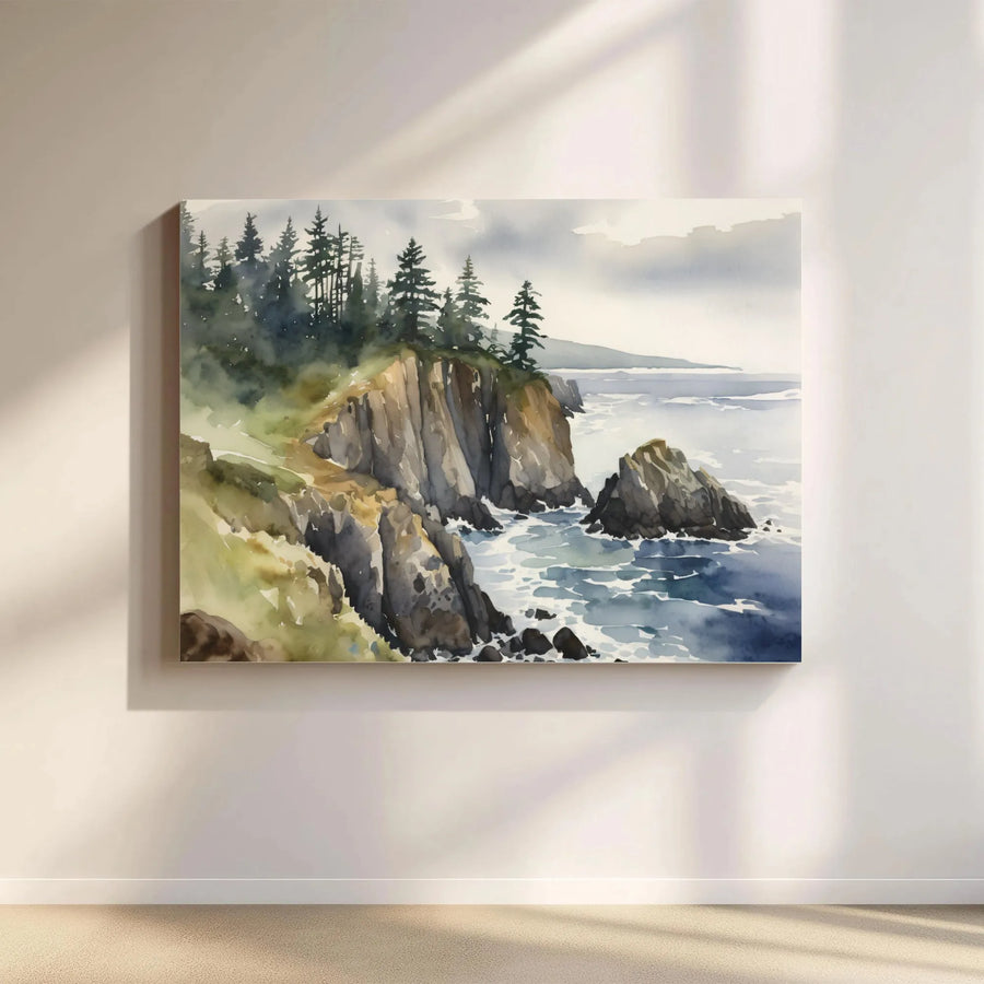 Coastal Cliff Canvas Wall Art | Watercolor Pacific Northwest Landscape | Premium Fade-Resistant Print | Serene Nature Home Decor Gift