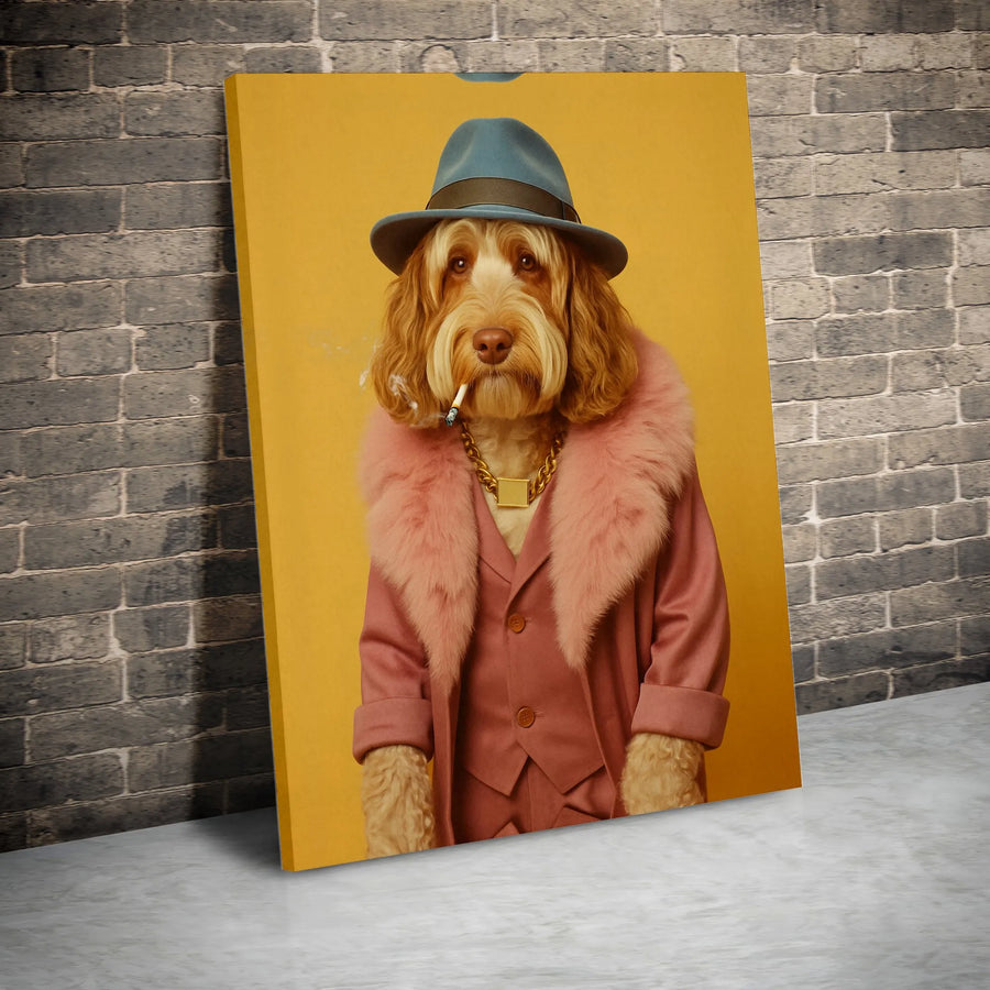 Dog In Pink Suit Canvas | Dapper Golden Doodle Fedora Print | Premium Gallery-Wrapped Wall Art | Funky Animal Home Office Decor