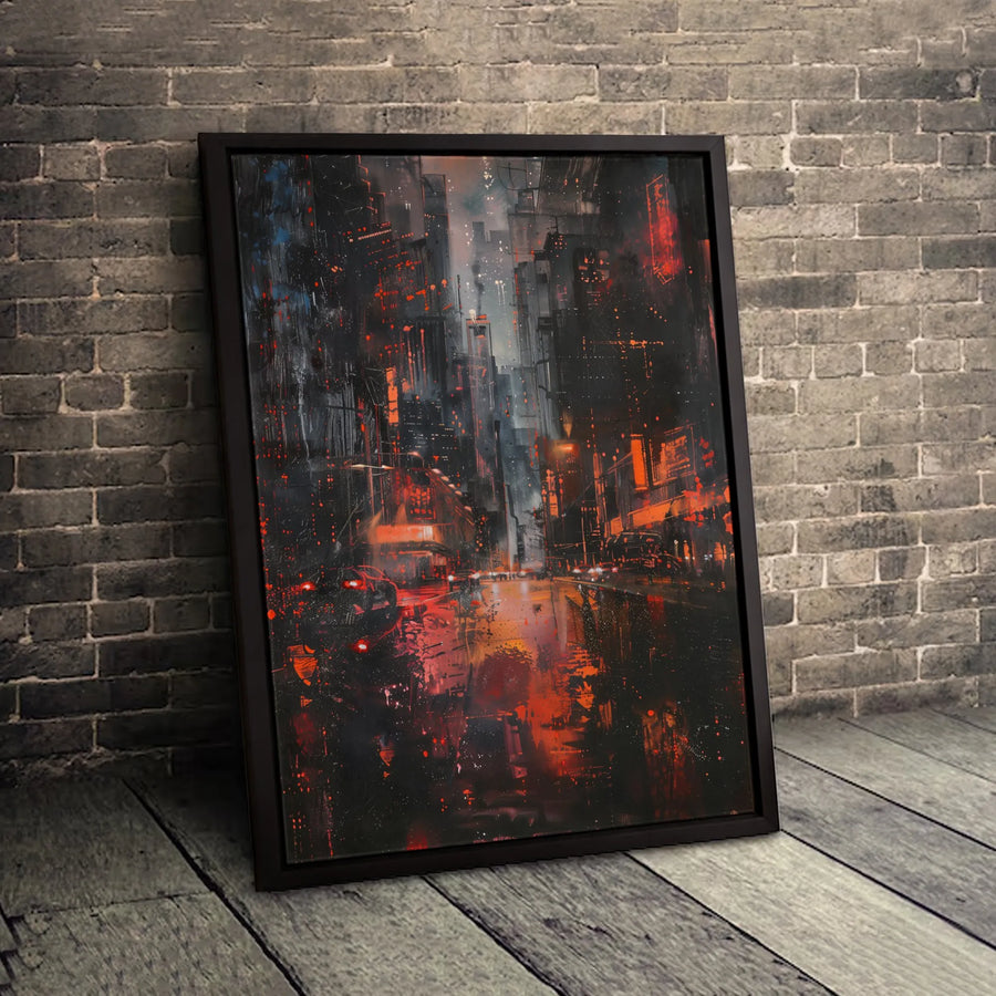 Abstract Dark Cityscape Canvas Wall Art | Rainy Street Neon Red Lights | Gallery-Quality 1.25" Profile | Modern Home & Office Decor Gift
