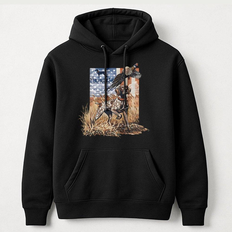 GSP Hunting Hoodie | German Shorthaired Pointer Pheasant Flag Art | Premium Cotton Blend | Gift for Upland Bird Hunter & Dog Lover