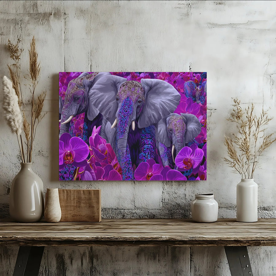 Elephant Family Canvas Wall Art | Purple Orchid Floral Print | Premium Gallery Wrap Decor | Nature Wildlife Home Gift