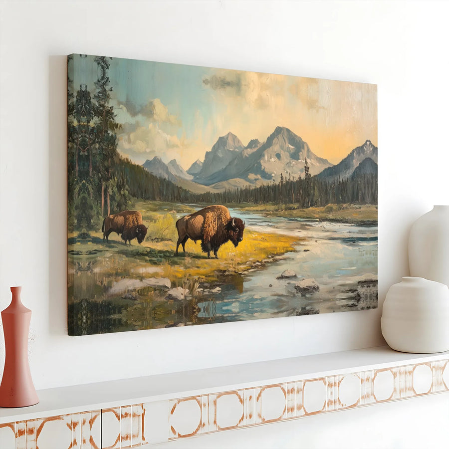American Bison Canvas Art | Mountain River Landscape Wall Decor | Premium Gallery Wrapped Print | Wildlife Nature Gift for Office or Home
