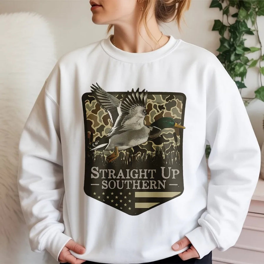 Southern Hunting Sweatshirt | Flying Duck Camo & Flag Design | Soft Cotton-Blend Pullover | Gift for Hunter & Outdoorsman