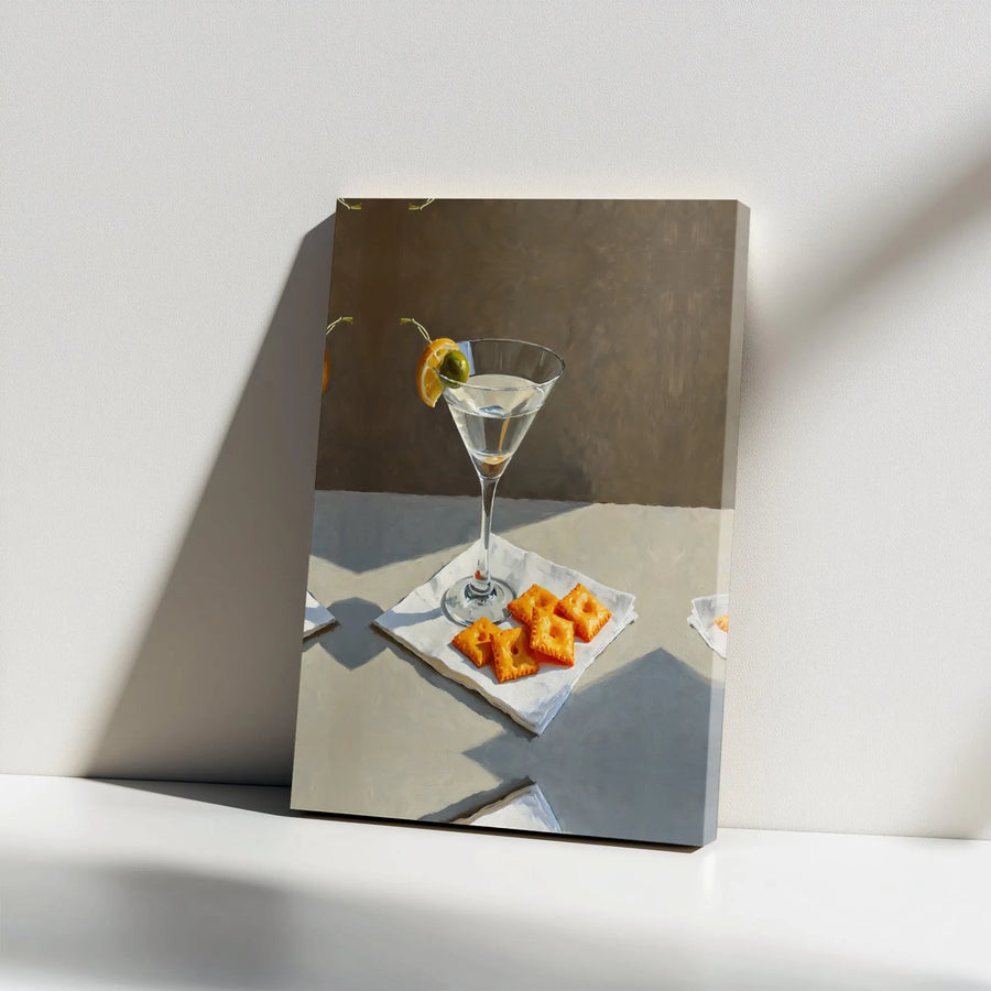 Martini and Crackers Canvas Print | Kitchen Still Life Wall Art | Premium Gallery Wrap Decor | Bar Cart Aesthetic Gift for Foodies