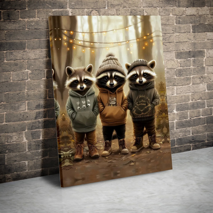 Cute Raccoon Canvas Wall Art | Trio of Forest Friends in Hoodies | Premium Thick Gallery Wrap Canvas | Unique Nursery & Kids Room Decor Gift