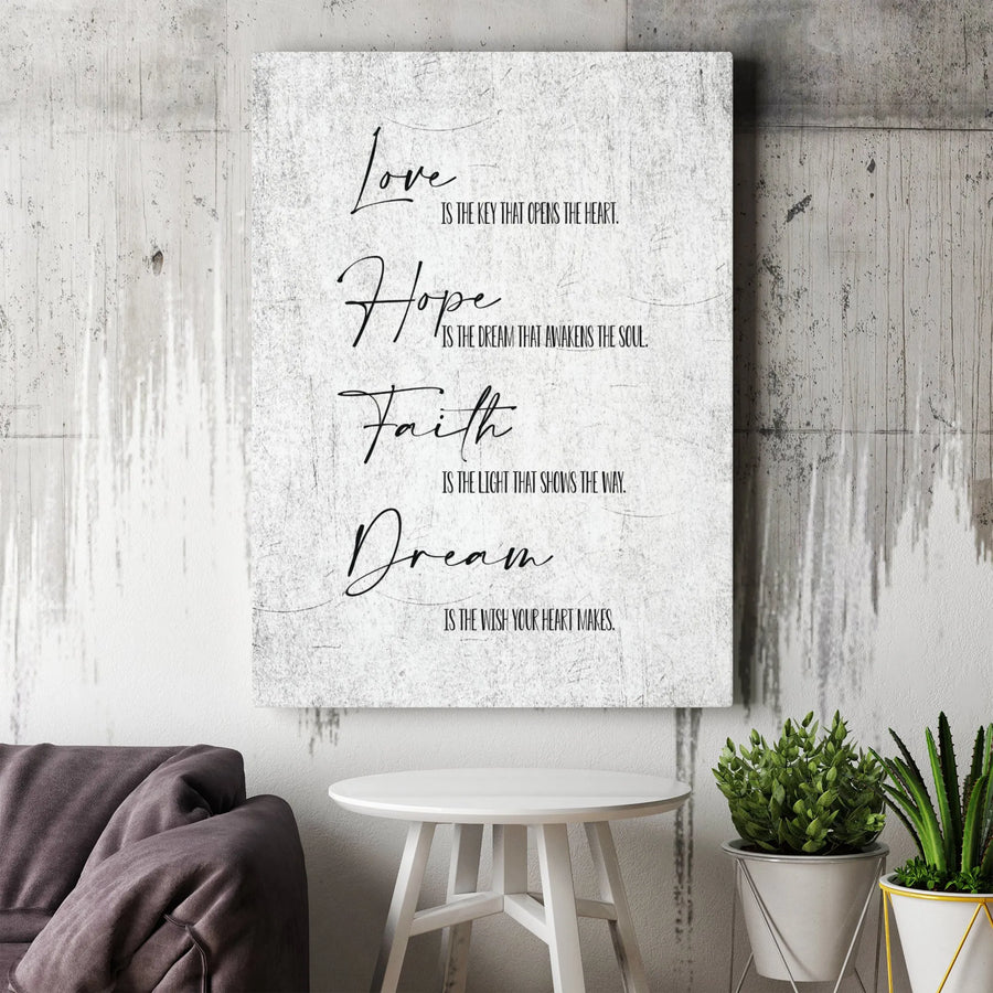 Love Hope Faith Dream Wall Art | Inspirational Quote Canvas | Premium Gallery-Wrapped Print | Minimalist Motivational Home Office Decor Gift