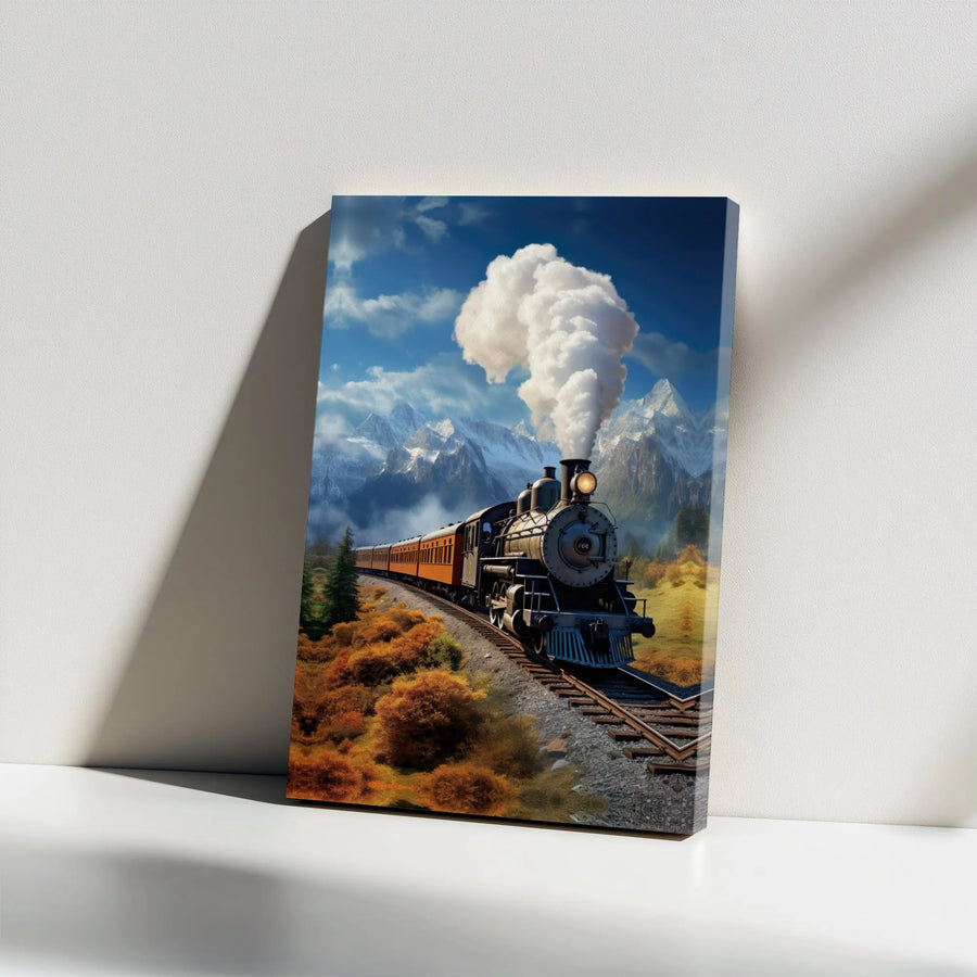 Vintage Steam Train Wall Art | Mountain Railway Autumn Landscape | Gallery Wrapped Premium Canvas | Gift for Train Enthusiasts & Travel Lovers