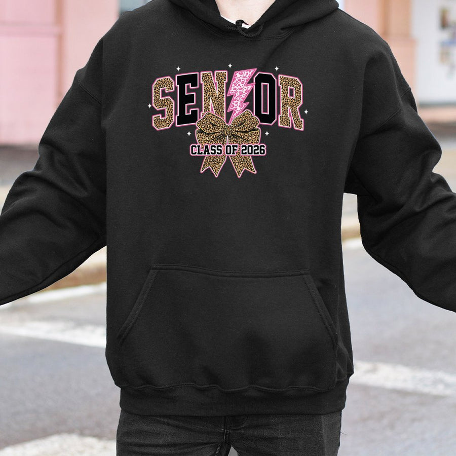 Senior Class Of 2026 Hoodie | Leopard Print Bow & Lightning Graphic | Premium Cotton Blend | Graduation Gift for Her