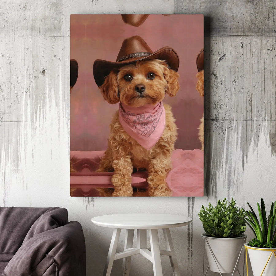 Cowboy Dog Canvas Wall Art | Funny Cockapoo Puppy Portrait with Pink Bandana | Premium Frameless Print | Gift for Dog Lovers, Nursery Decor