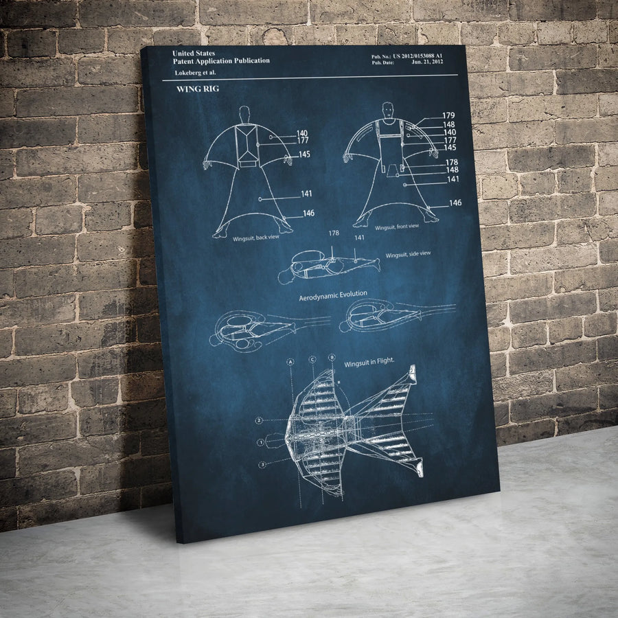 Wingsuit Patent Blueprint Canvas Wall Art | Aviation Technical Drawing | Premium Gallery Wrap Decor | Gift for Pilots & Engineers