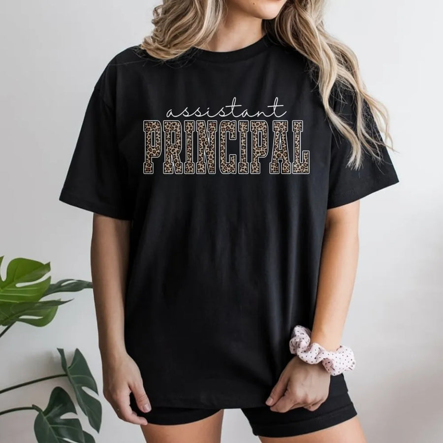 Assistant Principal T-Shirt | Leopard Print Varsity Lettering | Soft Cotton Graphic Tee | School Staff Appreciation Gift for Teachers