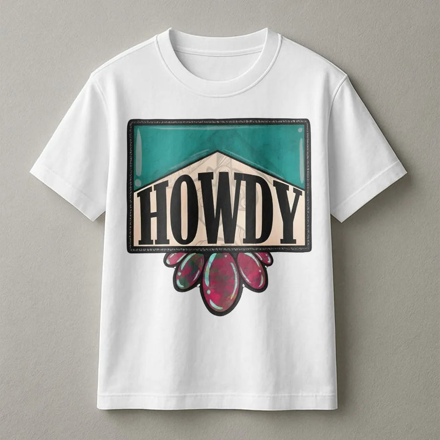 Howdy Western Graphic T-Shirt | Retro Cowboy Turquoise Jewel Design | Premium Cotton Comfort Tee | Trendy Country Music Festival Gift for Women