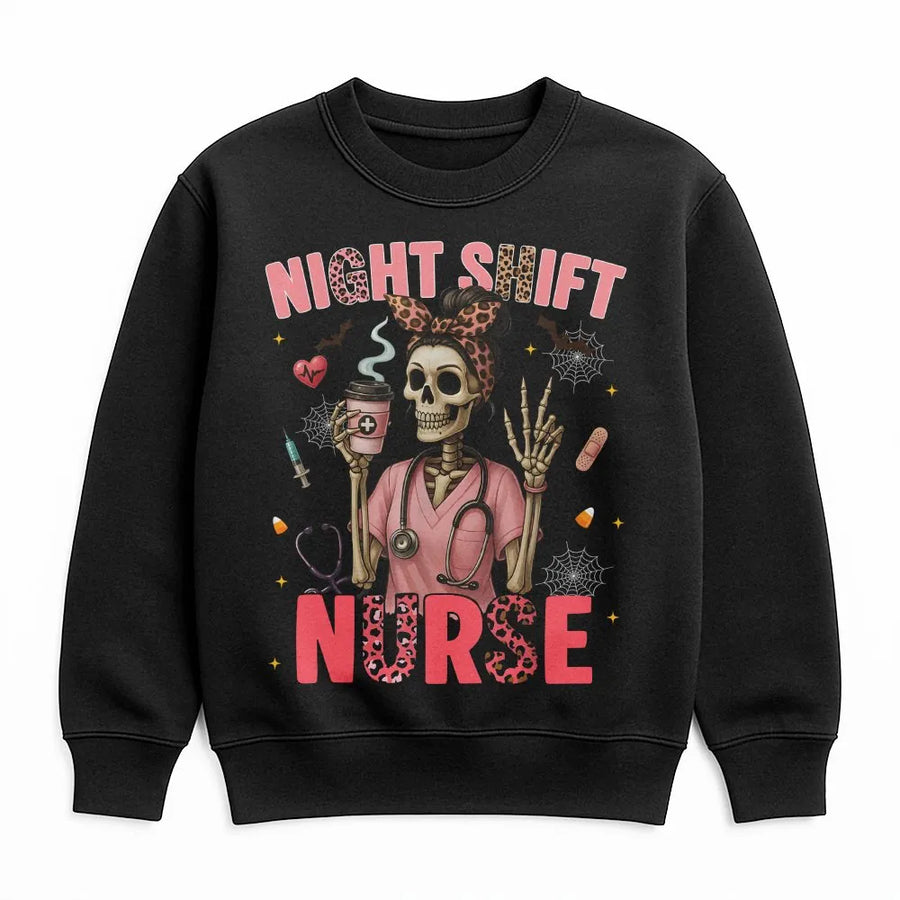 Night Shift Nurse Sweatshirt | Skeleton with Leopard Bow and Coffee | Soft Cotton Tee | Funny Halloween Gift for ICU Nurse