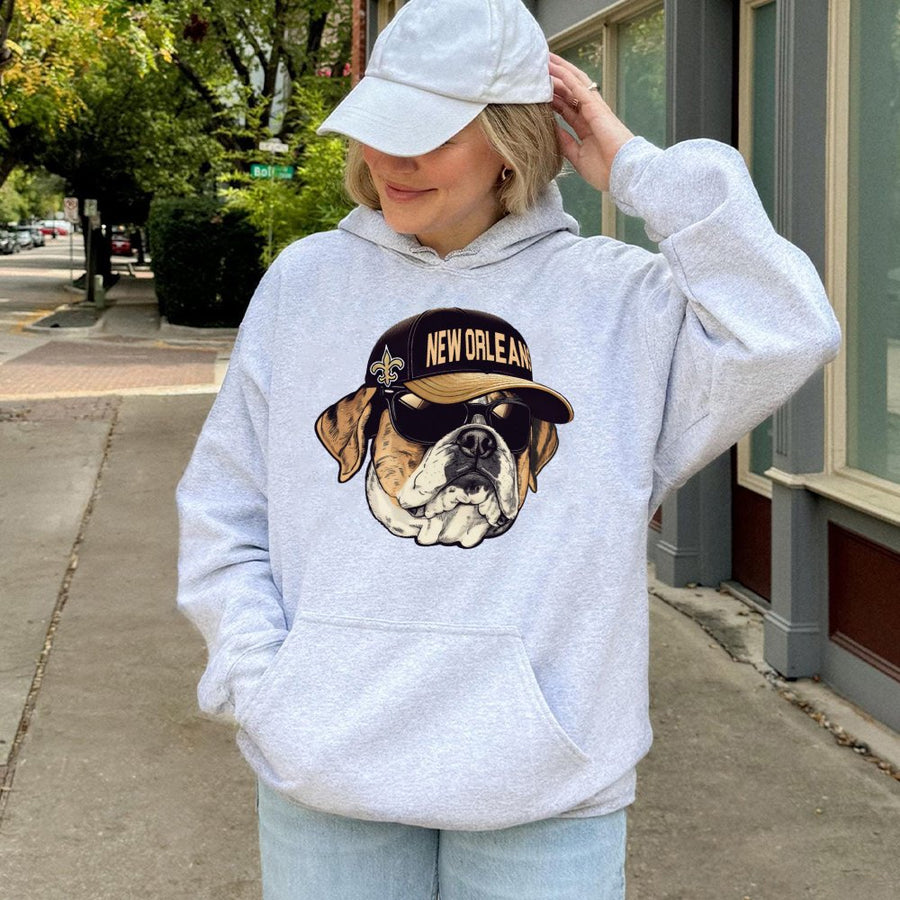 New Orleans Saints Fleur-De-Lis Logo Bulldog With Sunglasses Hoodie