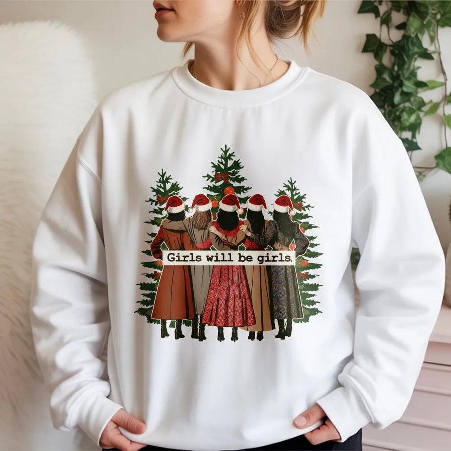 Girls Will Be Girls Sweatshirt | Retro Christmas Tree Graphic | Premium Cotton Blend | Feminist Holiday Gift For Best Friends And Sister