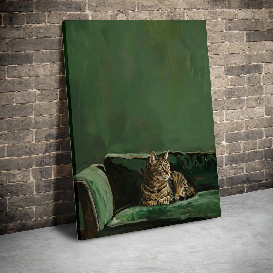 Tabby Cat Wall Art Canvas | Moody Green Couch Oil Painting Style | Premium Gallery Wrap Decor | Gift for Cat Lovers & Pet Owners