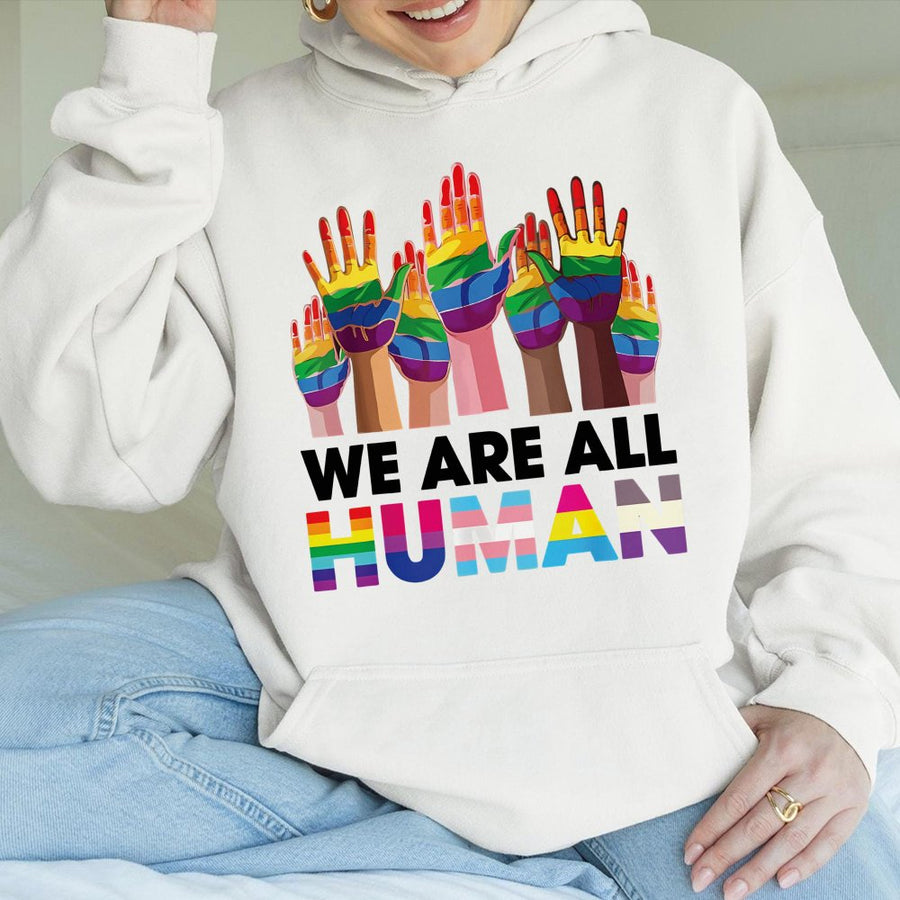 We Are All Human Hoodie | Rainbow LGBTQ Pride Flag Graphic | Premium Cotton-Poly Blend | Inclusive Gift For Equality Supporters
