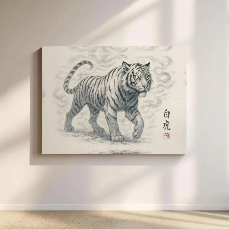 White Tiger Canvas Wall Art | Japanese Ink Wash Style Print | 1.25 Inch Gallery Wrap | Zen Home Office Decor Gift