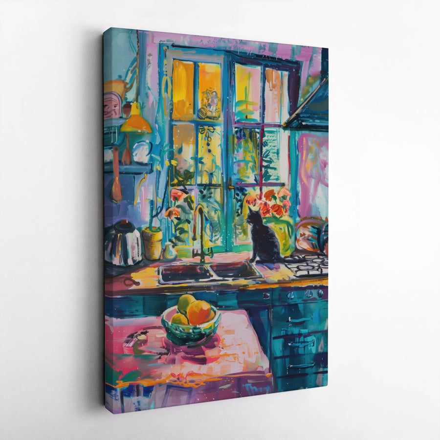 Black Cat Kitchen Canvas Wall Art | Vibrant Impressionist Painting Print | Premium Fade-Resistant Canvas | Modern Home Decor Gift for Cat Lover