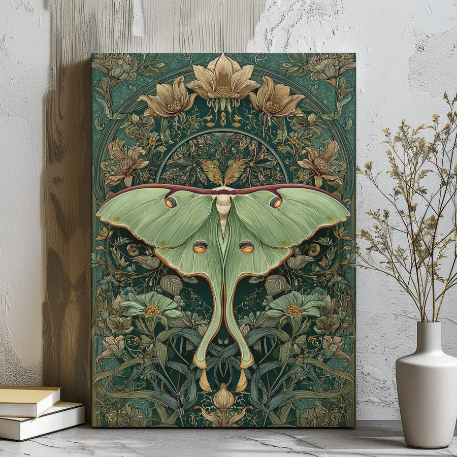 Art Nouveau Luna Moth Canvas Print | Botanical Forest Green Wall Art | Premium Gallery Wrapped Decor | Nature Lover Gift Idea