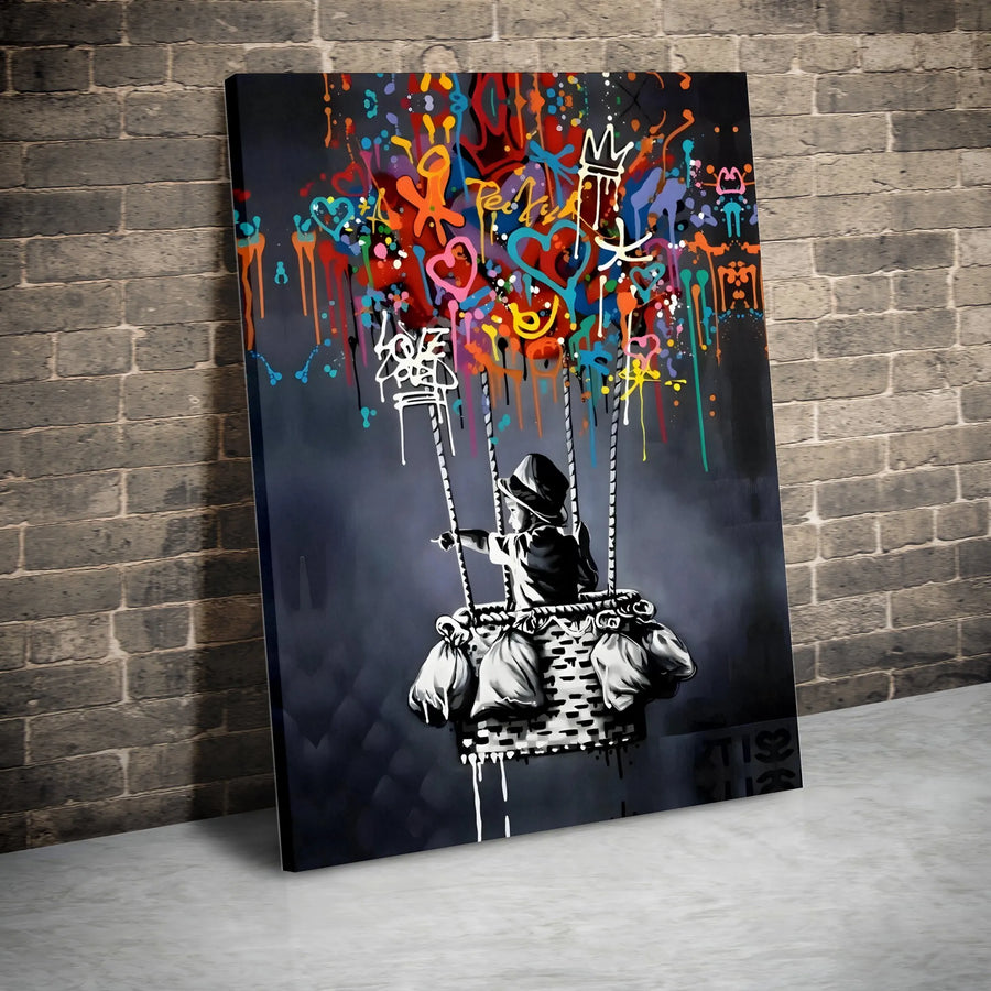 Graffiti Hot Air Balloon Canvas Wall Art | Urban Street Pop Art Print | Gallery Quality 1.25 Inch Frame | Modern Home Office Living Room Decor