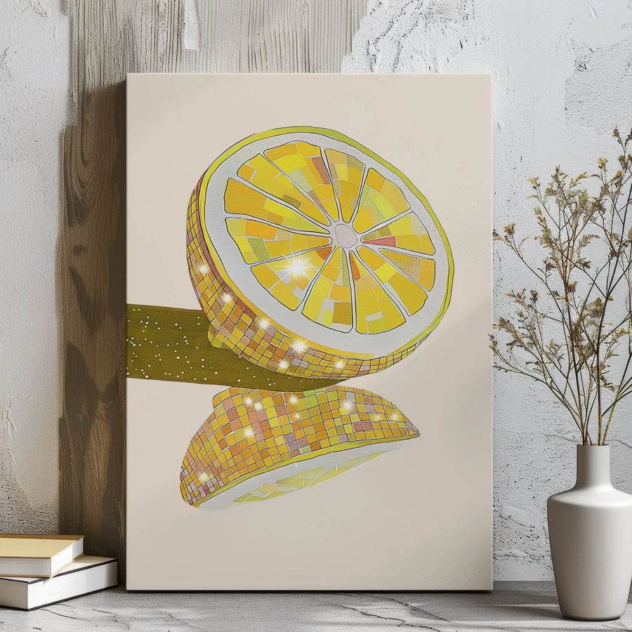 Disco Lemon Wall Art | Retro Mirror Ball Fruit Print | Premium Gallery Wrap Canvas | Aesthetic Kitchen & Bar Decor