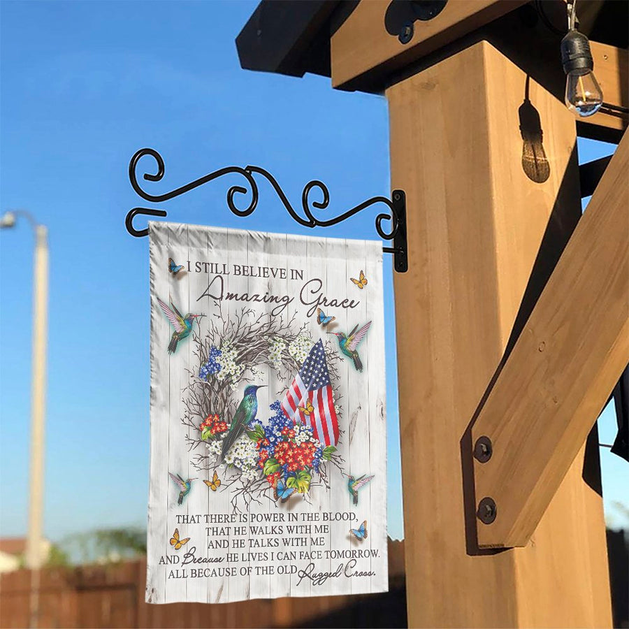 Amazing Grace Garden Flag | Hummingbird and American Flag Floral Wreath | Premium Weather-Resistant Polyester | Religious Christian Outdoor Decor Gift