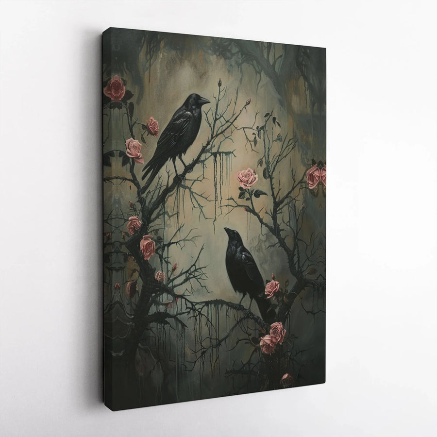 Gothic Crows and Roses Canvas Wall Art | Dark Academia Raven Decor | 1.25 Inch Gallery Wrap | Moody Botanical Gift for Home Office
