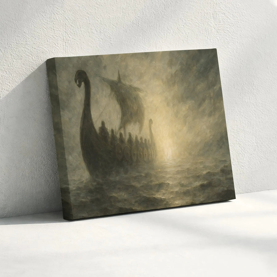 Viking Longship Canvas Print | Moody Misty Sea Historical Oil Painting Style | Gallery-Quality 1.25" Frame | Nautical Decor for History Lovers