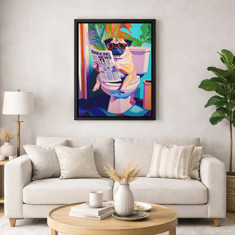 Pug Reading Newspaper on Toilet Canvas Art | Funny Dog Bathroom Wall Decor | Premium 1.25-Inch Gallery Wrap | Whimsical Pet Lover Gift