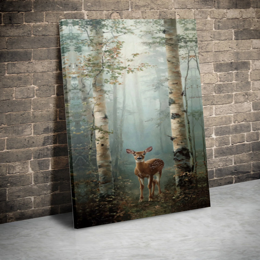 Woodland Fawn Canvas Wall Art | Misty Birch Tree Forest Painting | Premium High-Resolution Print | Rustic Cabin Decor Gift for Nature Lovers