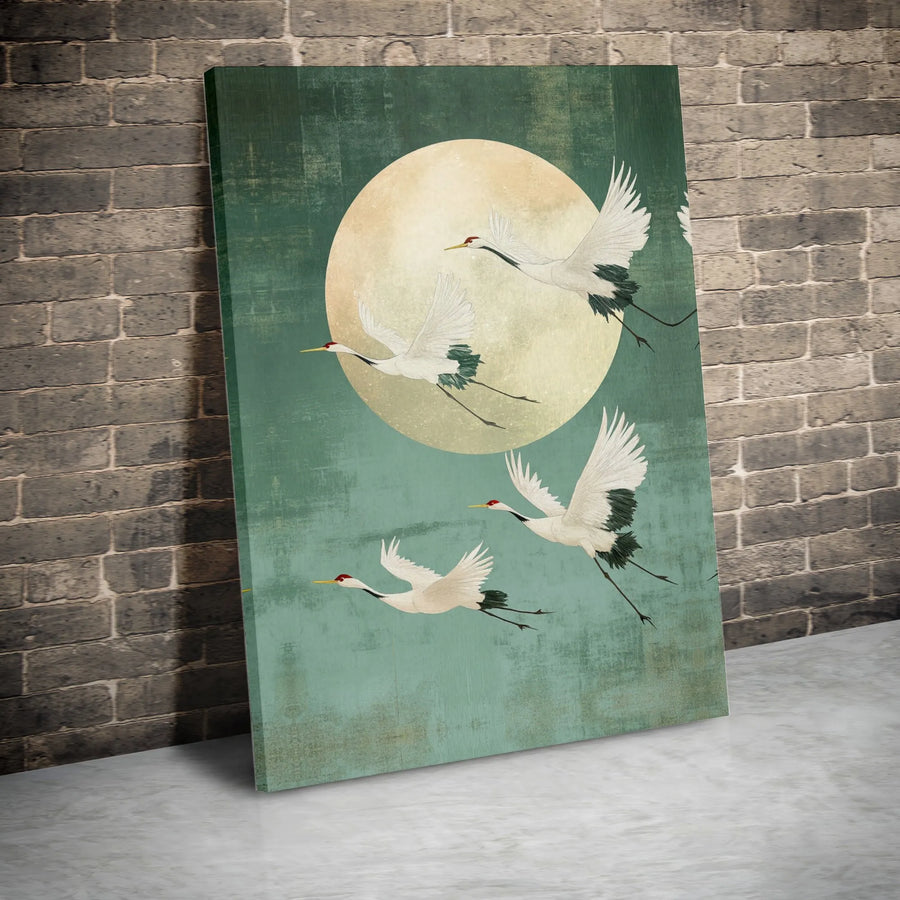 Japanese Crane Canvas Wall Art | Flying Cranes Over Full Moon | Premium Gallery Wrapped Canvas | Asian Inspired Living Room Art