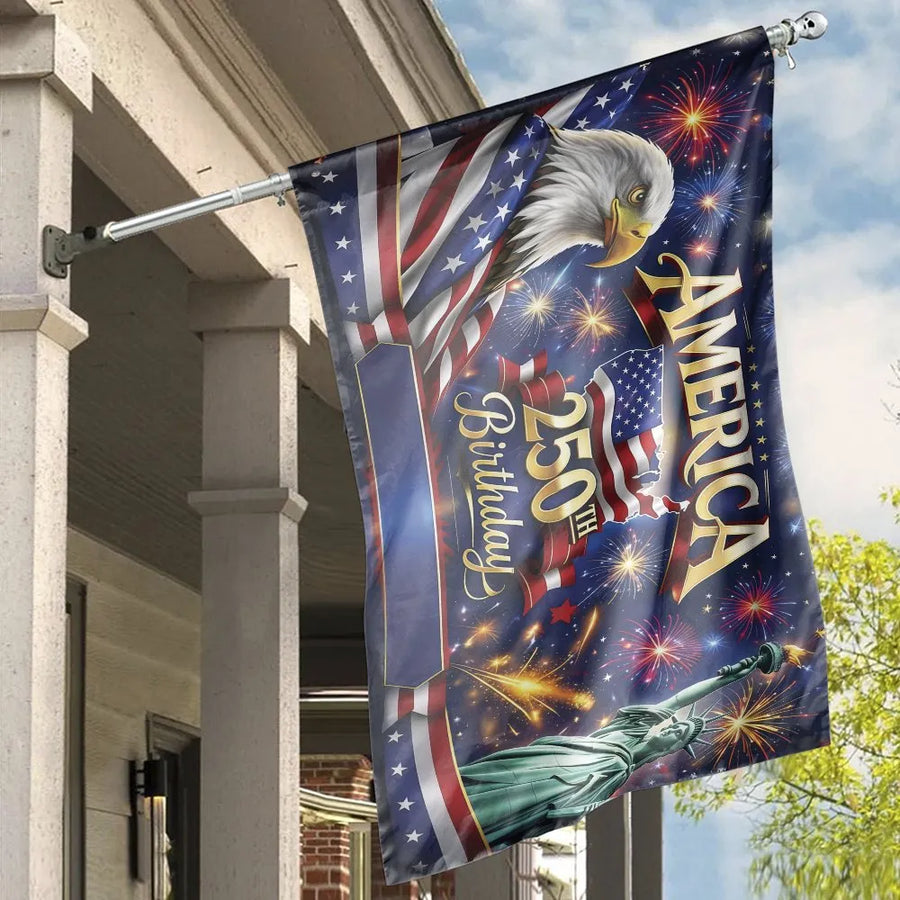 America 250th Birthday House Flag | Patriotic Eagle & Statue of Liberty | Double Sided Premium Polyester | USA Sestercentennial Commemorative Gift
