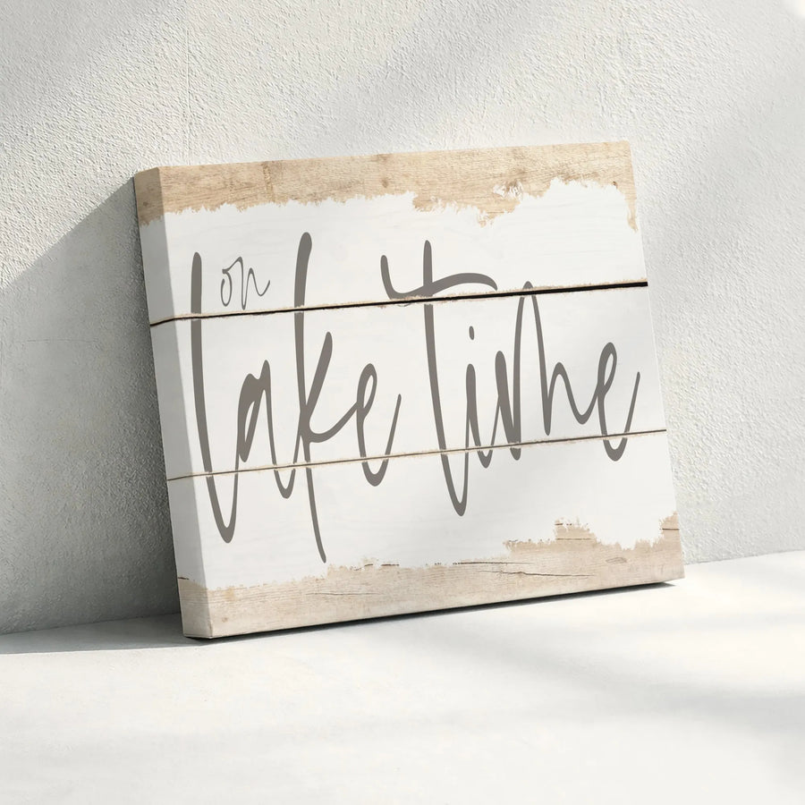 On Lake Time Canvas Wall Art | Rustic Farmhouse Shiplap Design | Premium Gallery Canvas Print | Lake House Cabin Decor Gift