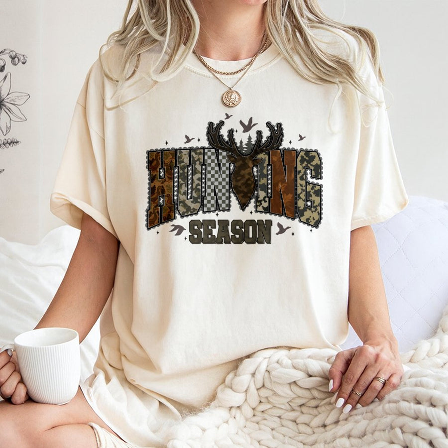 Hunting Season T-Shirt | Camo Deer Antler Graphic | 100% Cotton Premium Tee | Outdoors Gift for Hunters Men and Women