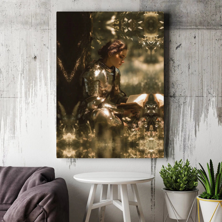 Woman Knight Canvas Art | Medieval Fantasy Warrior Reading Book | Premium Gallery Wrap Print | Whimsical Home Decor Gift for Fantasy Lovers