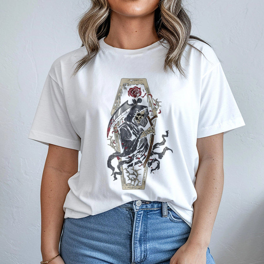 Grim Reaper T-Shirt | Gothic Coffin and Rose Graphic Print | Premium 100% Cotton | Dark Fantasy Apparel Gift for Men and Women