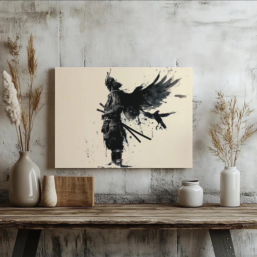 Winged Samurai Wall Art | Japanese Ink Wash Crow Design | Premium 1.25-Inch Gallery Canvas | Modern Decor Gift for Him